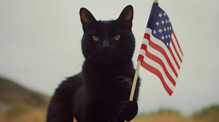 a black cat holding an american flag