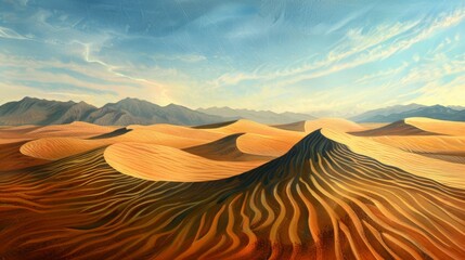 Tranquil Desert Scene: Over-the-Shoulder View with Earth Tones, Stripes Pattern, and Soft Shadows