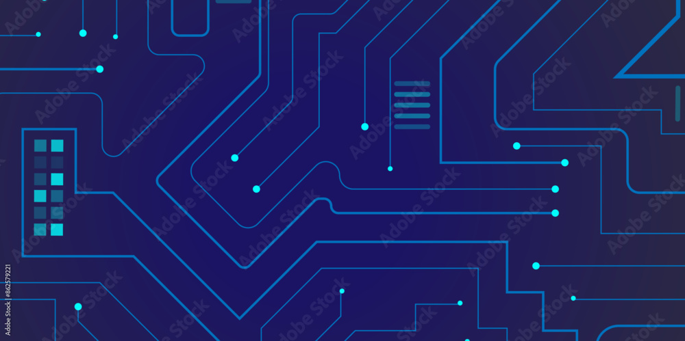 Poster technology connected blue lines with electronics elements on tech bg. circuit connected lines and do