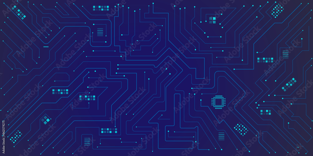 Poster vector illustration fantastic digital technology. technology lines circuit and dots on blue backgrou