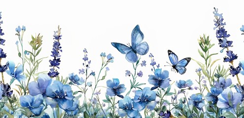 An original hand drawn watercolor blue flowers border banner for stationary, greetings, etc.