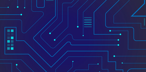  Technology connected blue lines with electronics elements on tech bg. Circuit connected lines and dots on abstract motherboard.