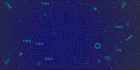 Vector illustration fantastic digital technology. Technology lines circuit and dots on blue background, circuit board network connection.