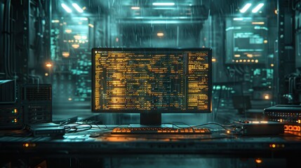 Computer monitor sitting on a desk in a dark room