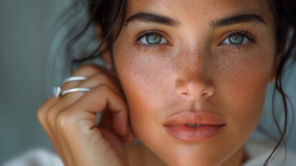 Close Up Portrait Of A Young Woman With Freckles And Green Eyes