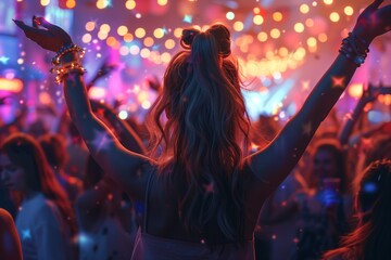 Woman Dancing in a Crowd at a Nighttime Event