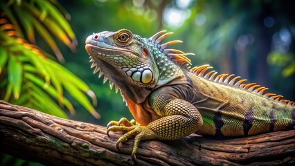 Obraz premium Iguana basking on a tree branch, reptile, wildlife, lizard, exotic, camouflaged, tropical, green, scales, arboreal