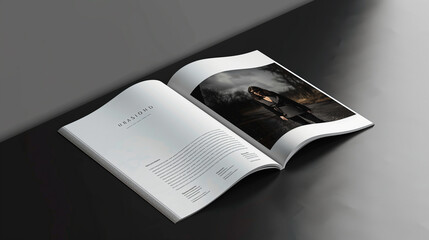 a mockup of an open fashion magazine on a glossy black table. The visible page showcase a high-fashion clothing advertisement with a clean, minimalist layout