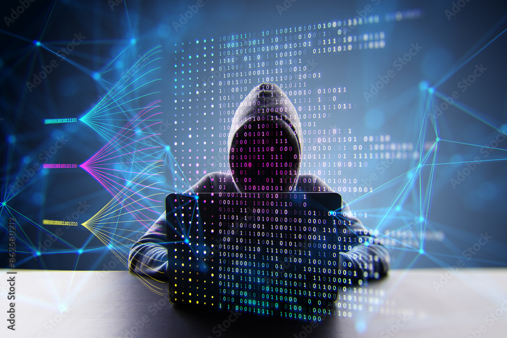 Poster Front view of hacker in hoodie using computers with creative big data lines on dark background. Technology, malware and innovation concept. Double exposure.