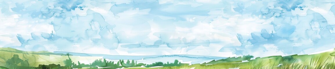 Watercolor European Panoramic Landscape Hand Drawn