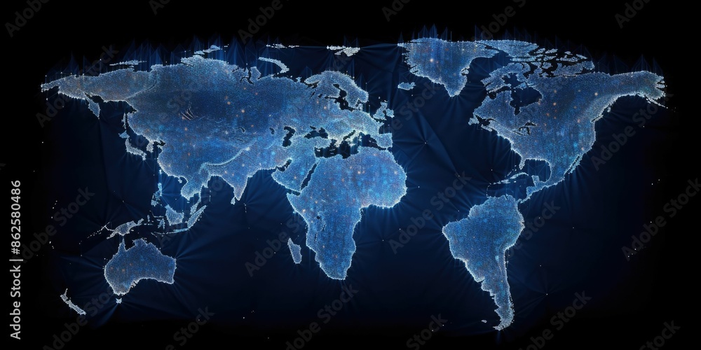 Poster glowing digital world map on a dark background with sparkling light points. global communication and