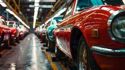 Obraz premium a line of freshly painted cars ready for quality check in a factory