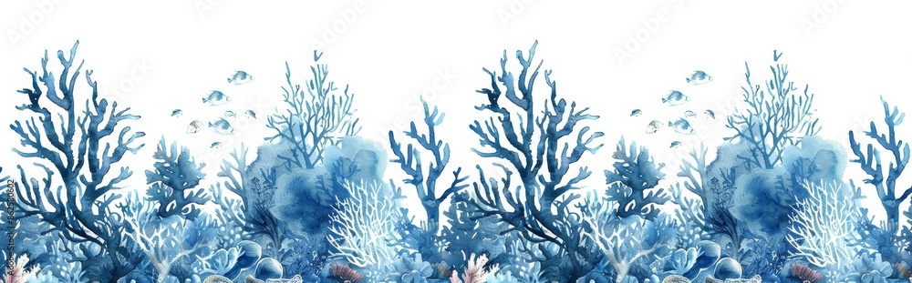 Wall mural seamless underwater pattern with watercolor sea life and colorful corals. stock illustration.