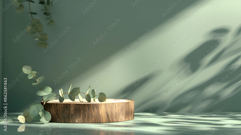 Poster leaves shadow with sunbeam reflection on grey concrete wall background studio background with abstra