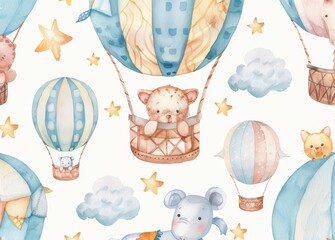 Cartoon kid character on the skydiving and airship illustration. Cute little wild animals fly with parachute and hot air balloon. Hand painted watercolor birthday design.