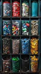Fototapeta premium Many containers of different types of cans on the shelf, recycling bins, Social issue background