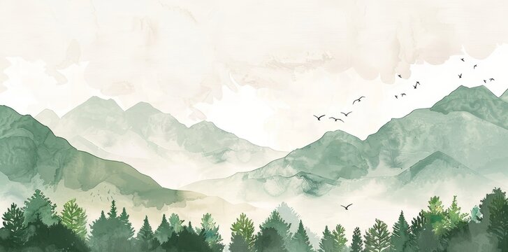 Fototapeta Beautiful watercolor illustration of a forest scene surrounded by mountains, hills, and trees. Abstract landscape. Image of nature.