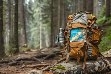 a fully equipped hiker's backpack, a map, compass, and a flasks, set against the backdrop of a dense forest 