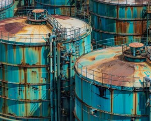 Naklejka premium Detailed view of oil storage tanks in an industrial complex