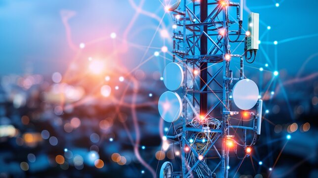 Close-up of a cellular transmitter tower, showing intricate antenna arrays and connection points.