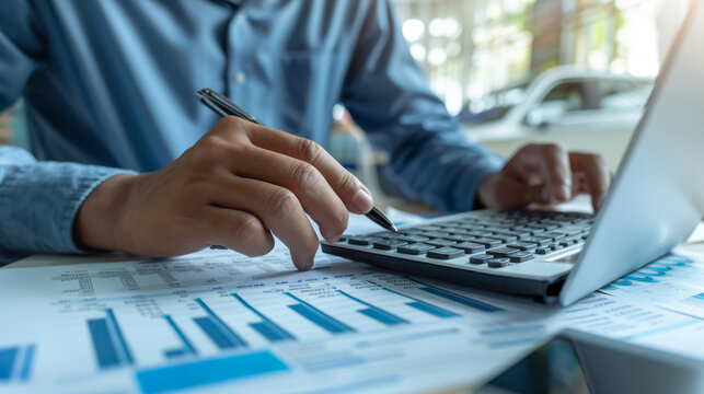 A businessman is using a calculator and laptop to fill out his tax return form so he can pay his taxes. He's also analyzing his financial data to make sure he's making the right decisions.