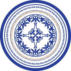 Round Blue Gold frame with large pattern in center, workpiece for design. Ornamental elements, motifs of Kazakh, Kyrgyz, Uzbek, national Asian decor plate, textile and print design. Round frame. 