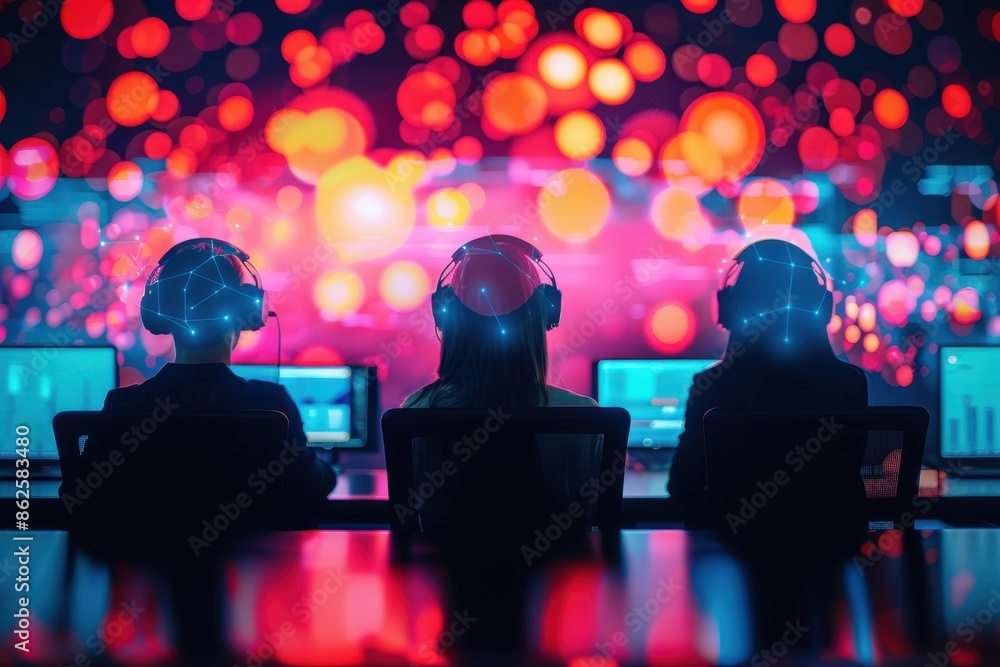 Poster team of professionals working on futuristic computer systems in a neon-lit environment with vibrant 