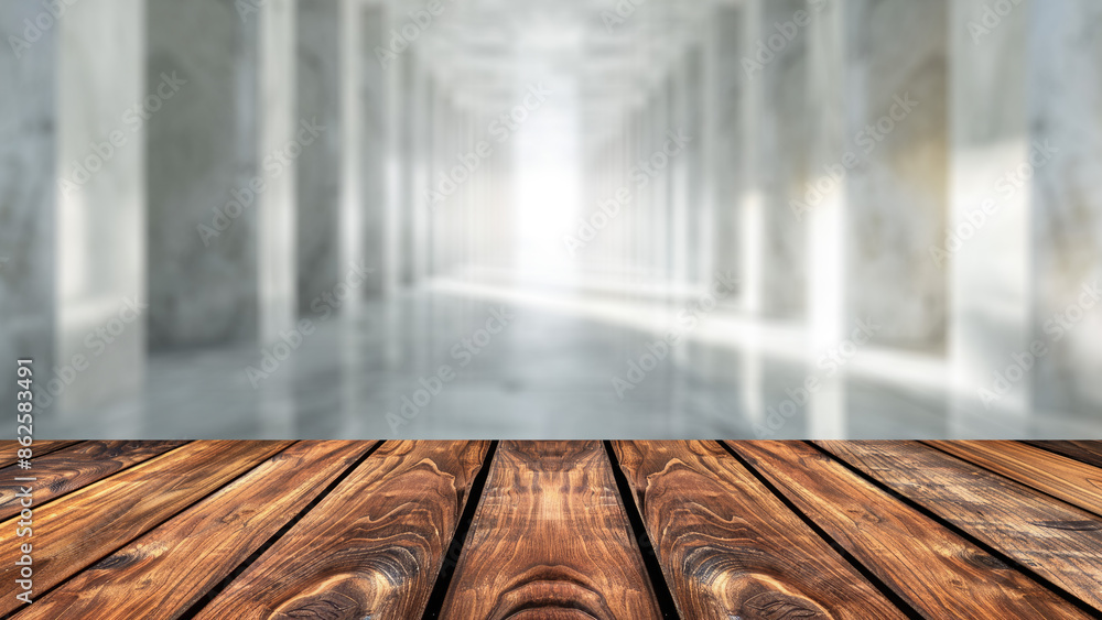 Poster empty wood table top with blur background of large hallway in office or factory. the table giving co