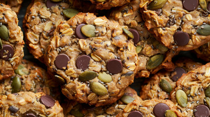 Delicious oatmeal cookies filled with flax, pumpkin, and sunflower seeds. Shot from above with a shallow depth of field.