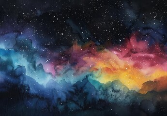 Background with stars and abstract watercolors in deep space