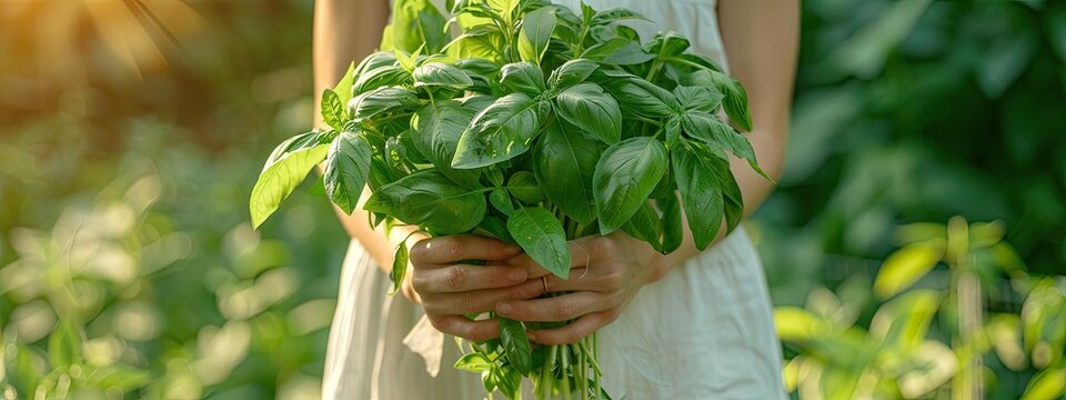 close-up of a woman holding basil in her hands. Selective focus