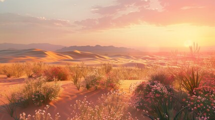 Vibrant Photorealistic Desert Landscape with Floral Patterns and Gradient Colors under Natural Light