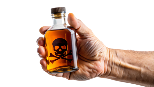 A hand holding a poison glass bottle,