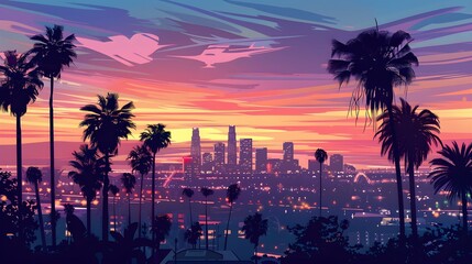 serene sunset view of palm trees and buildings