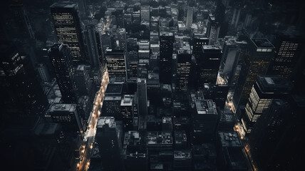 Urban landscape with golden night lights of streets, panoramic background of skyscrapers of the city, aerial view