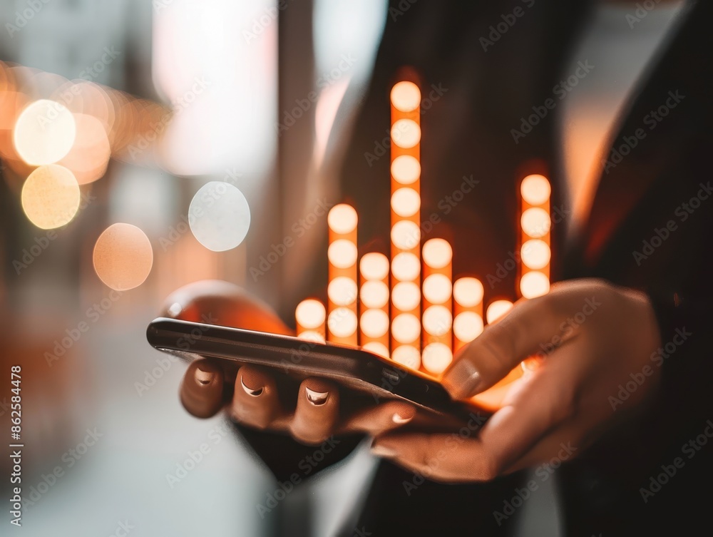 Poster close-up of a person holding a smartphone with a glowing bar graph in the background, symbolizing bu