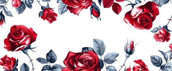 This seamless pattern of red roses borders is isolated on white background with hand drawn flower blossoms in a sketch style and a gorgeous floral modern illustration.