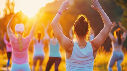Group of people practicing yoga outside at sunset. Back view, arms raised, and warm sunlight creating a serene atmosphere.