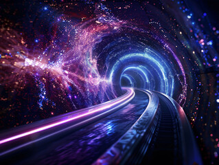 a digital illustration of a futuristic tunnel with a blue-lit track, surrounded by a cosmic tunnel effect of stars and nebulae.