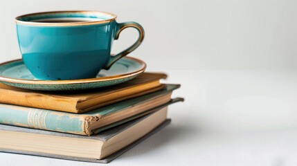 A cup and books on white background with space