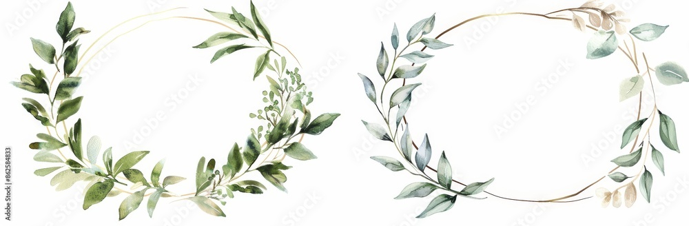 Wall mural wreaths and bouquets framed with watercolor leaves of greenery - Wall murals