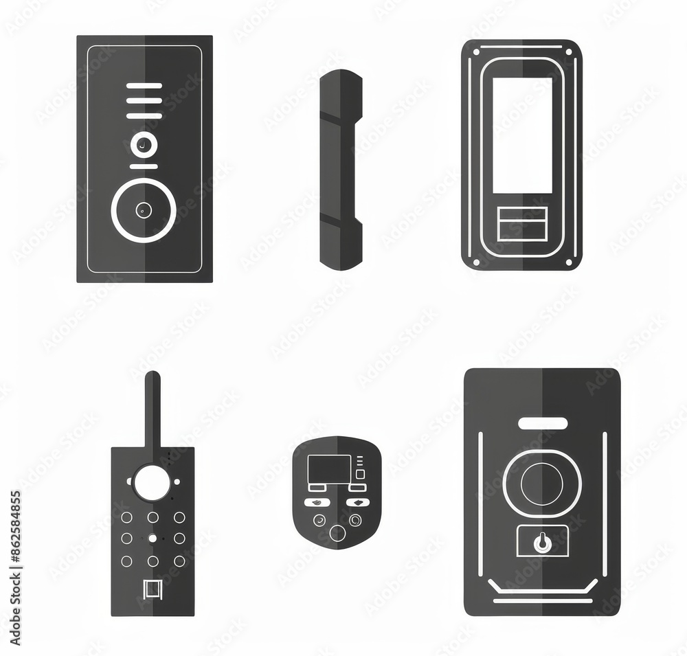 Poster isolated modern illustrations of intercom devices in black.