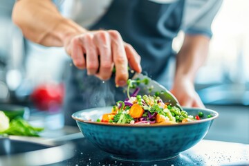 Chef preparing a colorful vegetable salad bowl with fresh ingredients in a modern kitchen, capturing culinary artistry and healthy eating.