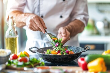 Chef preparing a fresh vegetable salad with colorful ingredients, showcasing culinary skills in a bright professional kitchen setting.
