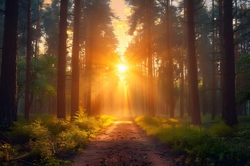 Serene Forest Path at Sunset with Golden Sun Rays - Nature, Tranquility, Landscape for Print, Poster