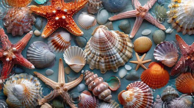 colorful sea shells and starfish in white beach sand background