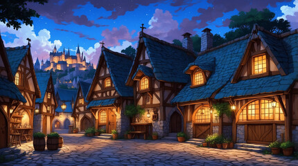 Naklejka premium Medieval Fantasy Village at night Cobblestone streets, thatched-roof cottages, a marketplace, and a castle in the background. Suitable for fantasy adventures or historical settings.