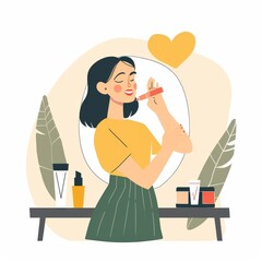 Isolated flat illustration of a woman happy with her appearance in the mirror.