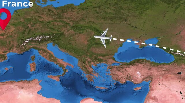 International flight travel route from Islamabad to Paris on worlds map in 4K