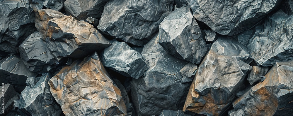 Poster a close-up of a complex pattern of rocks with varied textures.